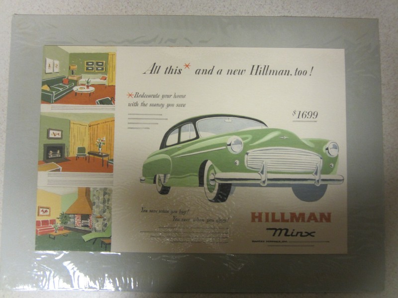 VINTAGE AUTOMOBILE HILLMAN MINX SAMPLE PROTOTYPE ADVERTISING ART NYE PHARR