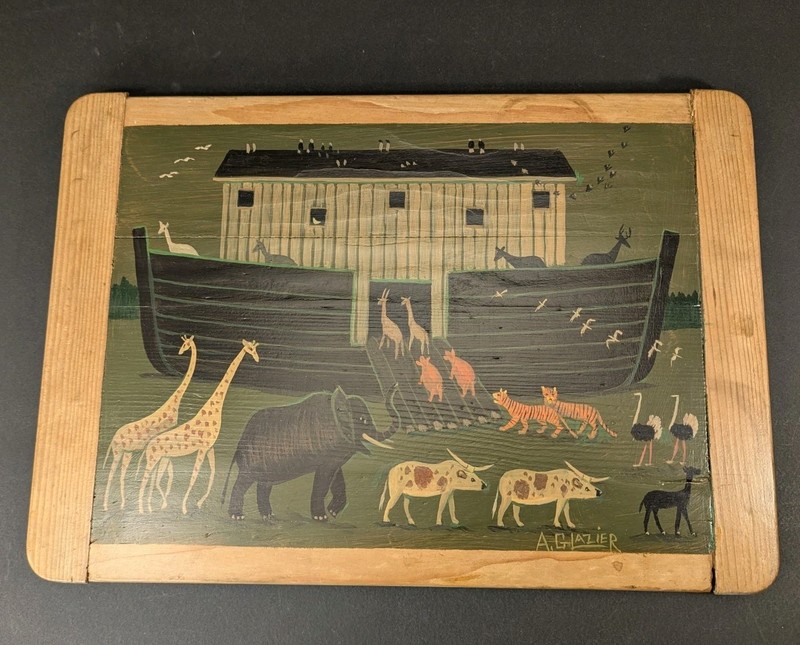 Arthur Glazier Signed Folk Art Painting on Board Noah's Ark Animals 2 by 2