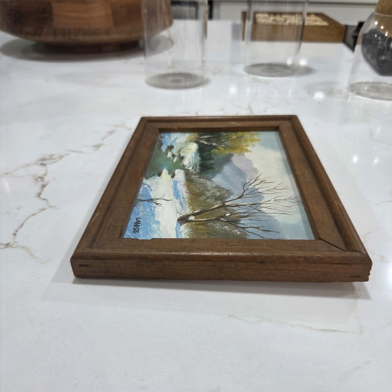 Vintage Original Oil Painting Signed LANGE Winter Creek Landscape Wood Frame gallery
