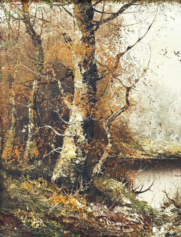 VTG Mid-20th C Orig. Textured Impression. O/C Autumnal Landscape Signed S. Wang! gallery