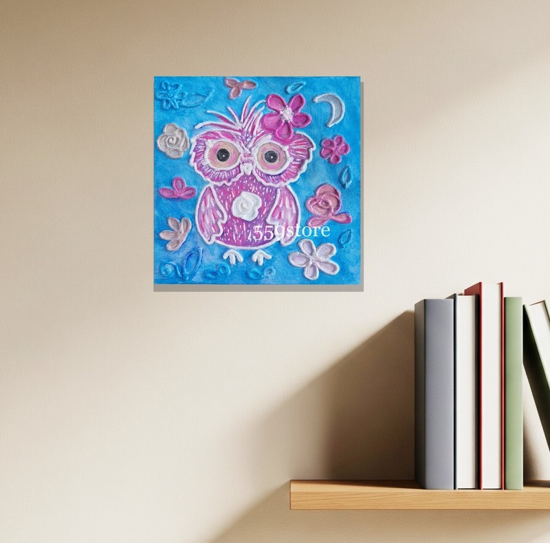 Cute pink owl painting, baby owl wall decor, nursery wall art, small painting