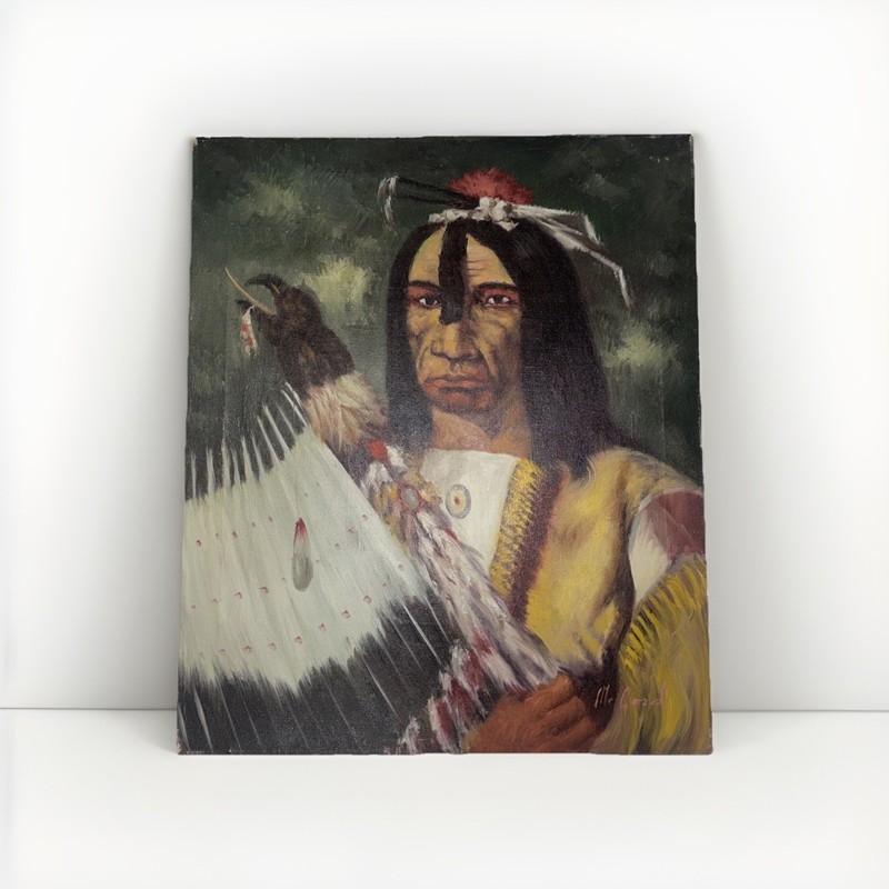 Vintage Oil Painting Native American Plains Cree Chief After Paul Kane Canvas