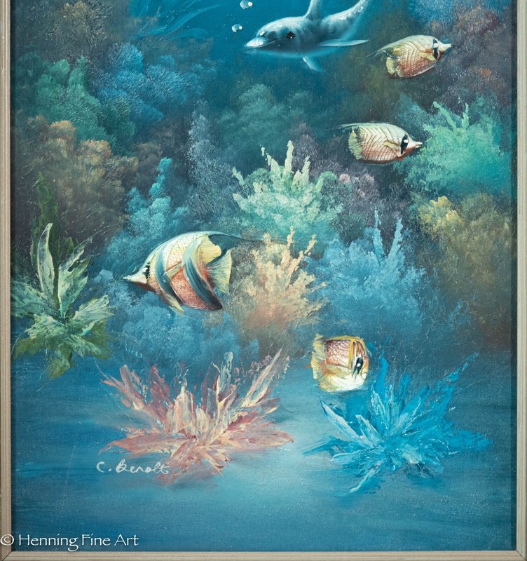 Beautiful Vintage Oil Painting Sea Life Ocean Landscape Dolphins and Angel Fish gallery