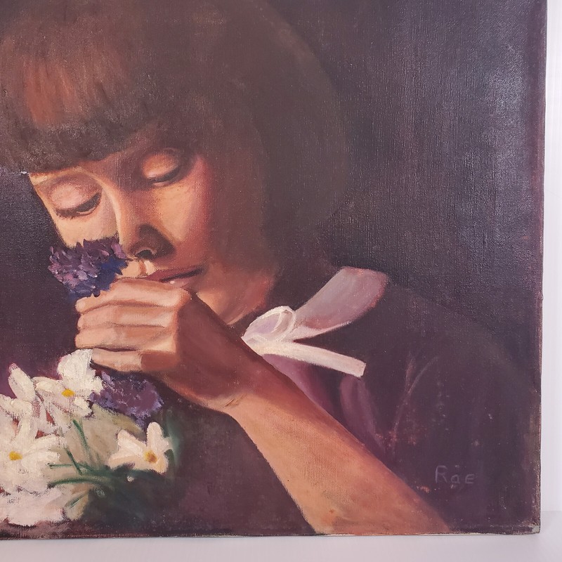 Signed Rae Oil Canvas 18x24 Girl Smelling Flowers Painting Vtg 1965 Mid C Mod gallery