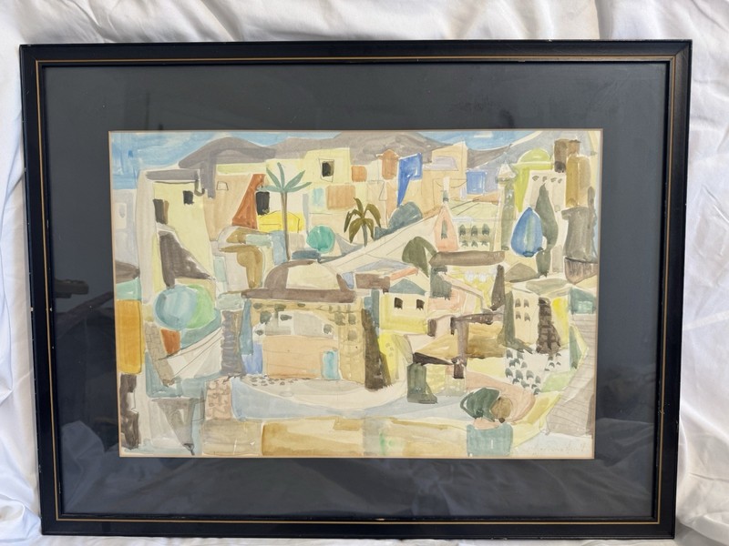 ORIGINAL ART WATERCOLOR MIDDLE EASTERN VILLAGE EXPRESSIONIST FRAMED IN GLASS