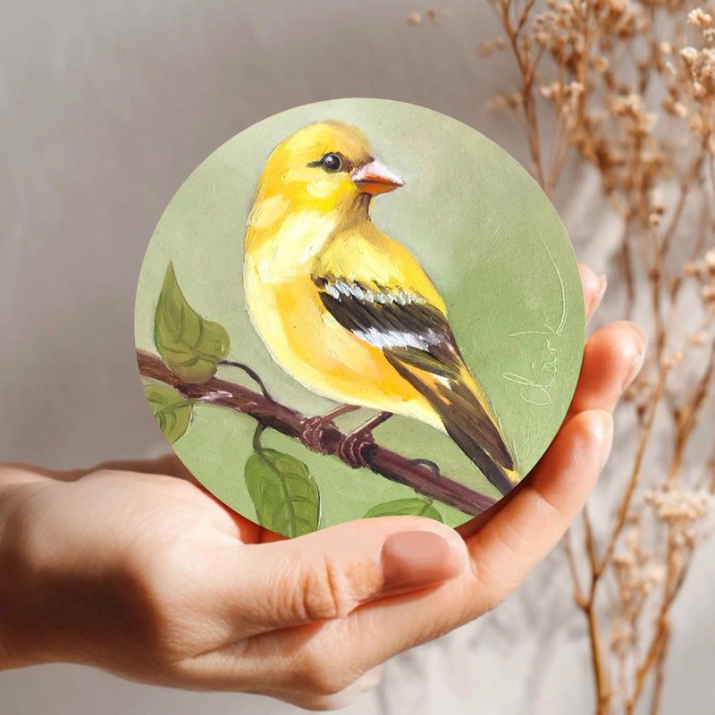 Original Oil Painting Bird Art on Round Wood Panel Miniature Nature Decor