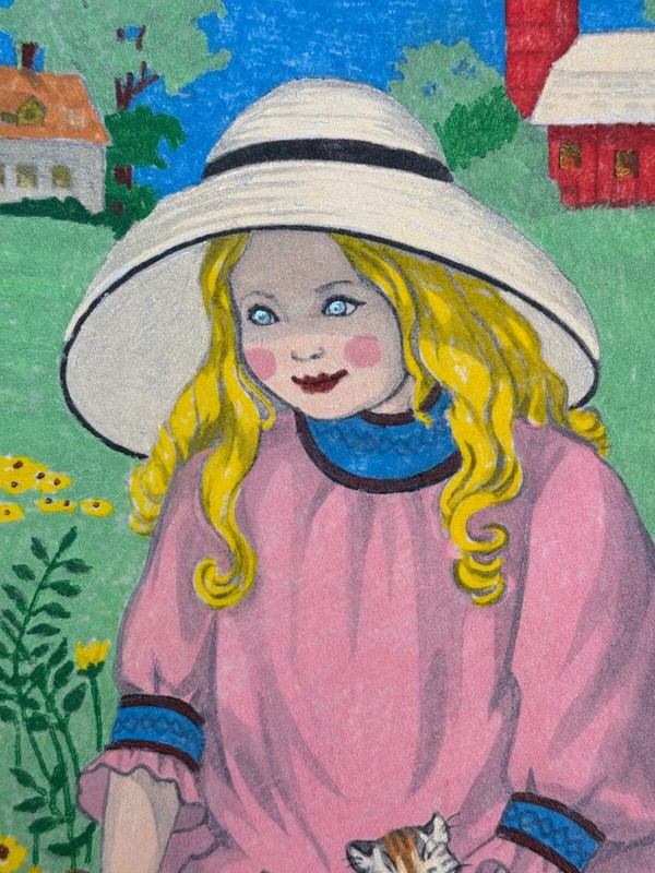 GRAMM SIGNED PAINTING GIRL REBECCA SEATED WITH CAT & 2 KITTENS FARM LANDSCAPE gallery