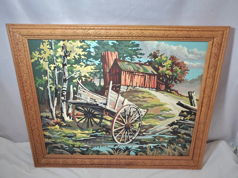 Vintage 1980’s Paint by Number PIcture Barn Wagon 16 x 20 Framed