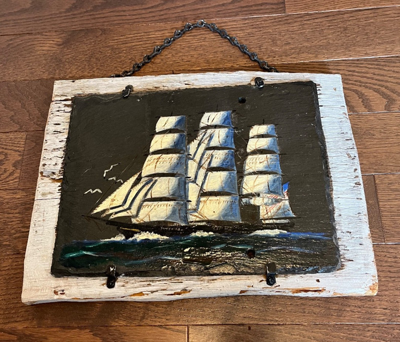 Slate Painting Wood Base. Painting of 1800s Wooden Ship. Work by Eleanor A Berry