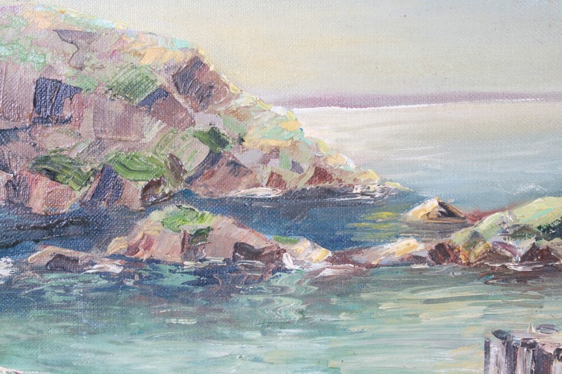 Vintage Old Rustic Wharf Seaside Scenic Oil Painting Signed Michelle L Flesher gallery
