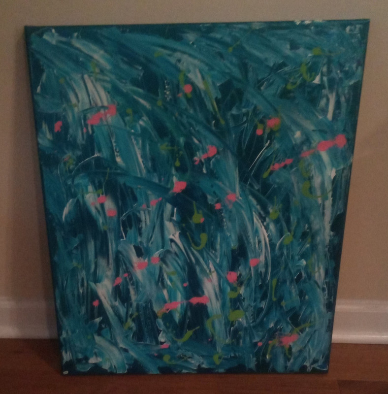 Abstract Blue & Teal Painting with Pink Accents, Unframed Single Piece