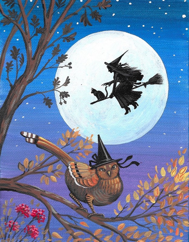 11×14 PRINT OF PAINTING RYTA HALLOWEEN WITCH PHEASANT MOON BLACK CAT FOLK ART