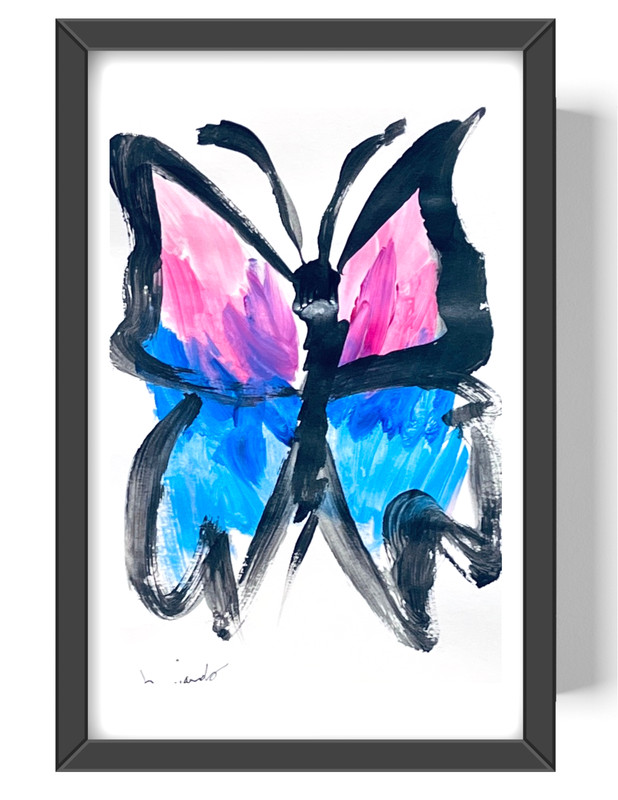 Guajardo Art: Pink and Blue Butterfly 9X6 Paper Abstract Neo Expressionism