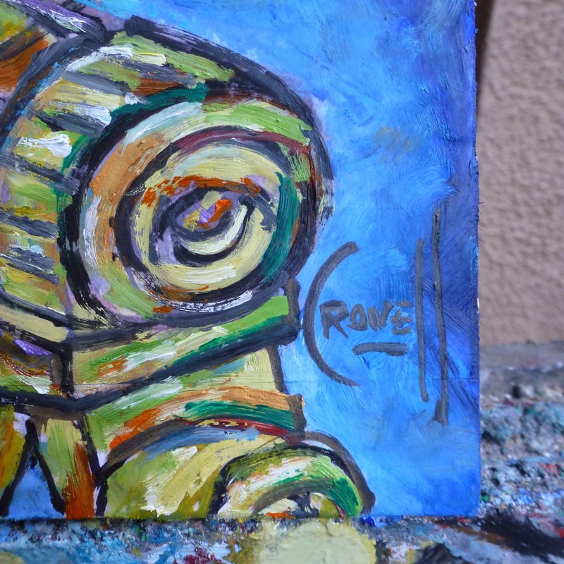 ATOMIC ROBOT CAT mech art NEW original 8x10 card panel oil painting by Crowell gallery