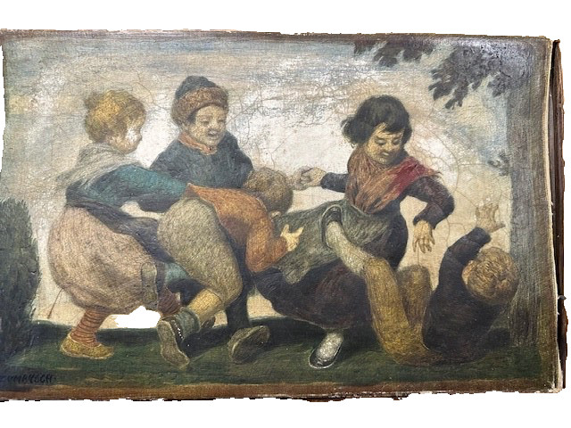 REIGEN TANZENDE KINDER PAINTING ON CANVAS, beautiful old frame
