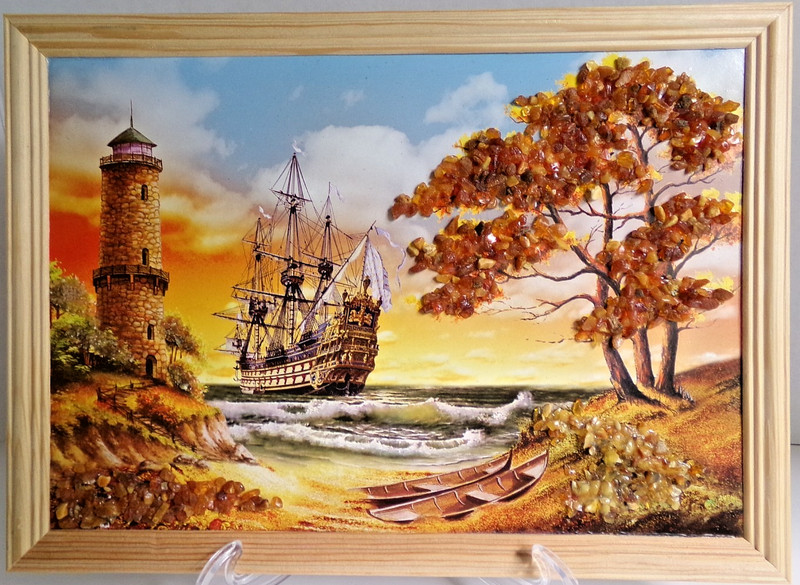 Handmade Ship at Lighthouse Genium Baltic Amber Wooden Framed Landscape 12.75″