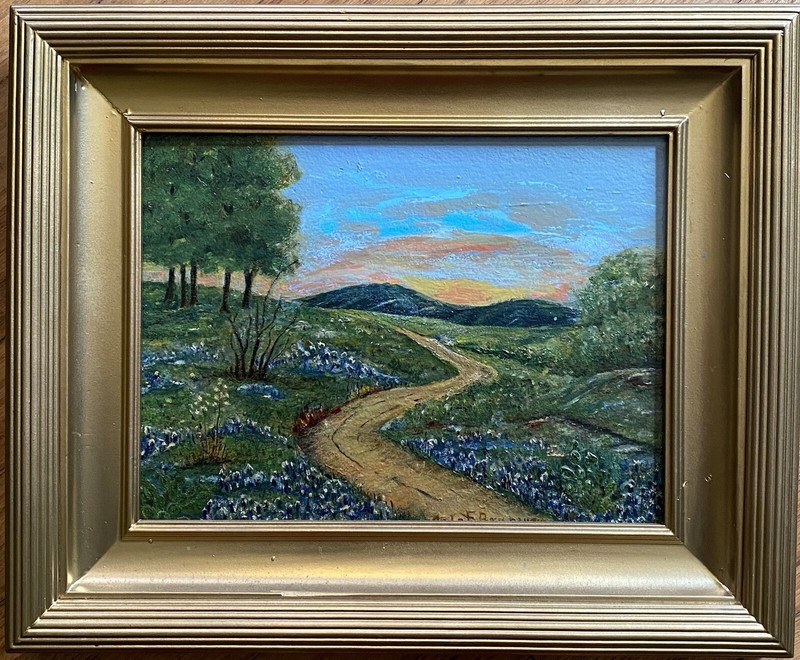 Antique Oil Painting- Bluebonnets With Luminous Skies-Hill Country Landscape