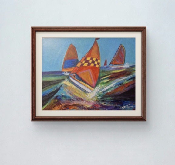 Original Colorful Seascape Sailboat Racing Wall Art 11×14 Canvas Panel