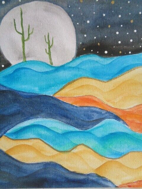 Original COLORFUL DESERT CACTUS NIGHT SKY MOUNTAINS LANDSCAPE Painting On CANVAS