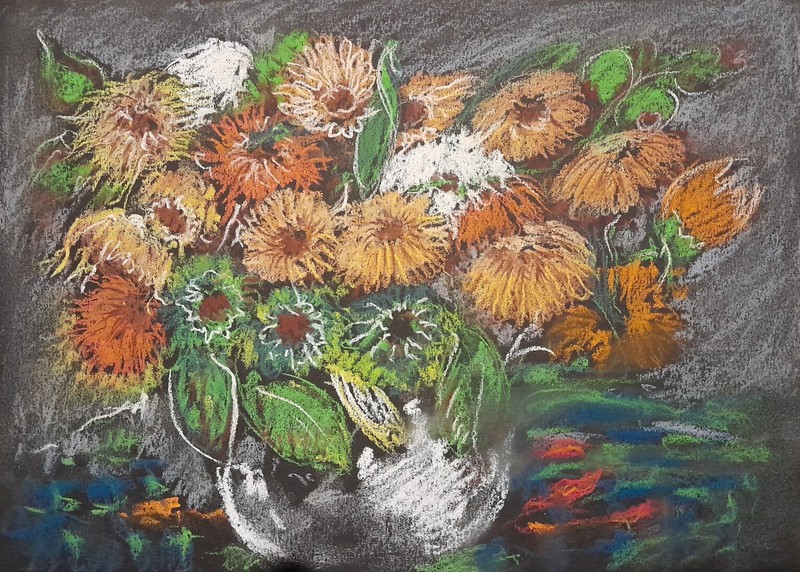 Original Orange Flowers Vase Still Life Dry Pastel Painting 8.3×11.4 in