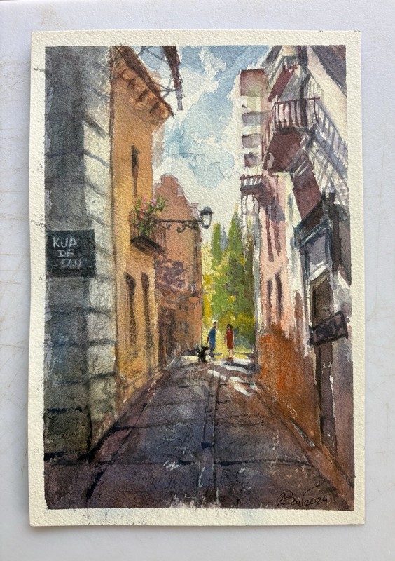 original watercolor painting 6×9 cityscape landscape Cottagecore signed