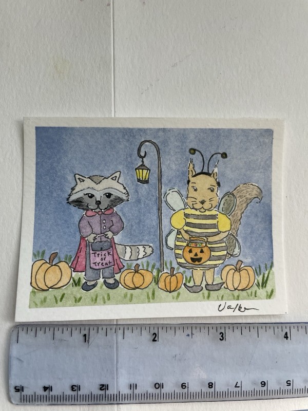ACEO Raccoon Vampire & Squirrel Bee Trick Or Treat Halloween Painting ATC Card gallery