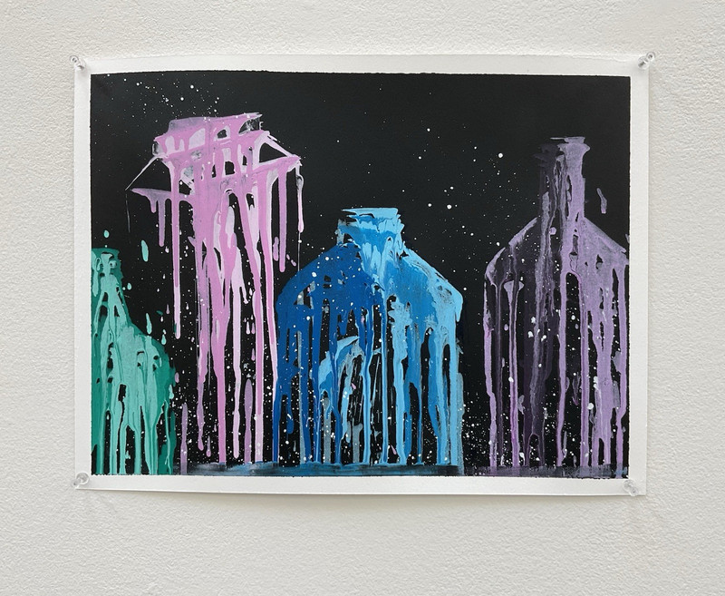Abstract Contemporary Drip Bottles Painting on Paper Unframed – One of a Kind