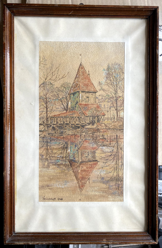 Watercolour G.Kirchhoff Historical Building Tower At Lake – Wer White Wo? 1948