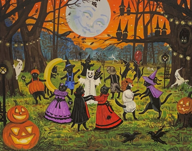 11×14 PRINT OF PAINTING RYTA HALLOWEEN BLACK CAT PARTY Folk Art Witch Pumpkin 🍁
