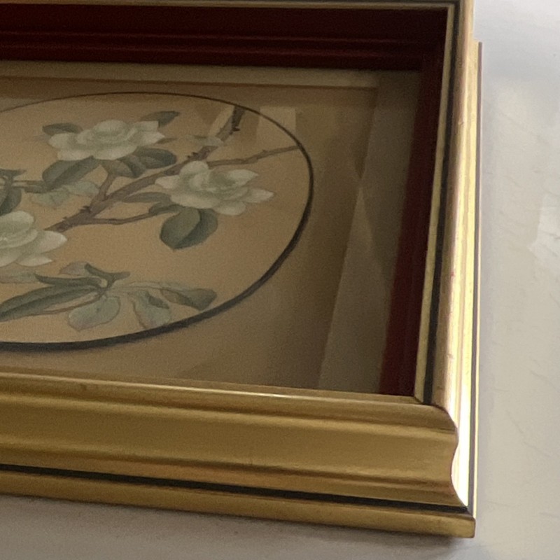 Hand-Painted Magnolia Fan in 16" Square Shadow Box Frame — Floral Branch Motif gallery