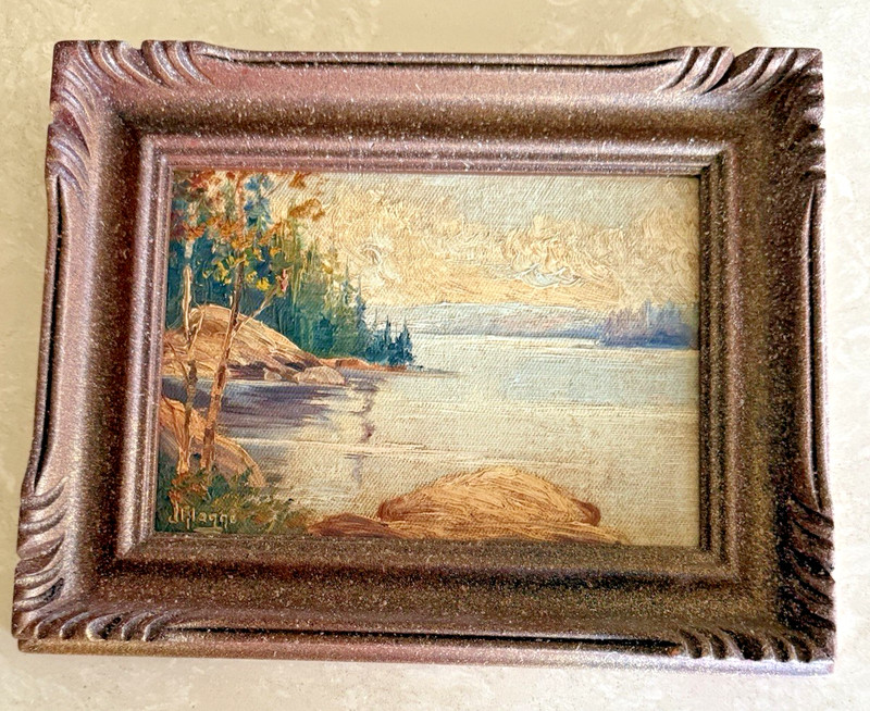 Vintage Miniature Oil Painting Lakescape signed J Flagge 9.75″ x 7.5″ #820