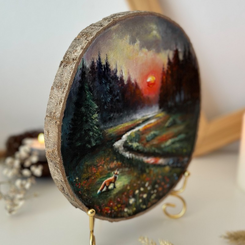 Fox in Forest landscape painting on wood, Wood slice art forest, Woodland decor gallery