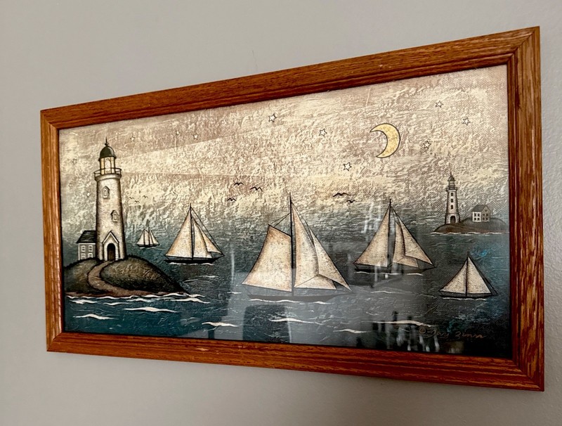 Vintage Coastal Lighthouse Sailboat Painting Framed Nautical Folk Art 12 X 21.5”