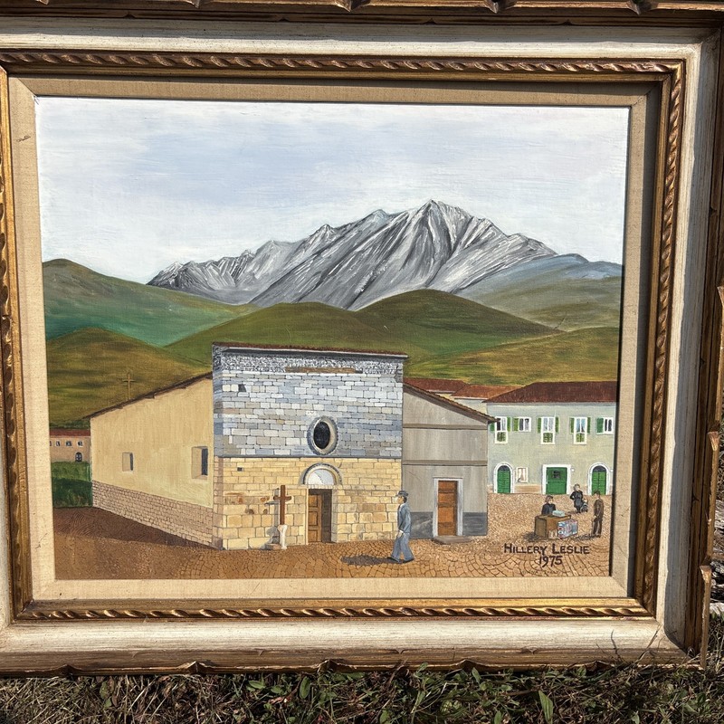 Vintage Oil Panting Canvas Onna Italy Small Town Landscape 30x26” 1975 Church gallery