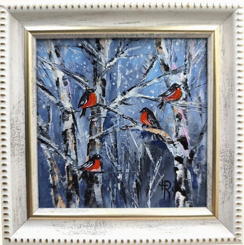 Original Oil Painting Winter Forest Framed Painting 4x4in Best Gift