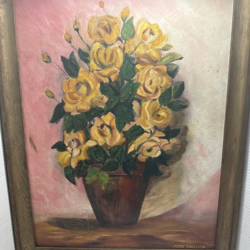 Vintage Floral Yellow Roses Oil Painting Signed Mattie Anderson 27"x 31" gallery