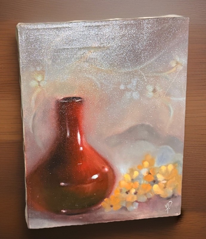Red Vase w/the Winds ~ Oil Painting on Canvas ~ by V.P. Miller Dec.’96 ~ 11”x14”
