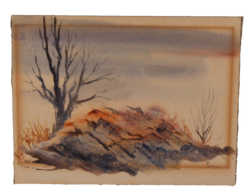 Antique Small Landscape Watercolor Painting Signed M E Whitten