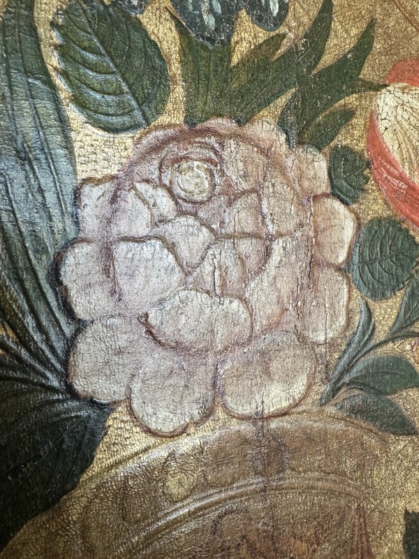 Extremely Rare 18th Century Spanish Painted Leather Panel with Gilt Decoration gallery