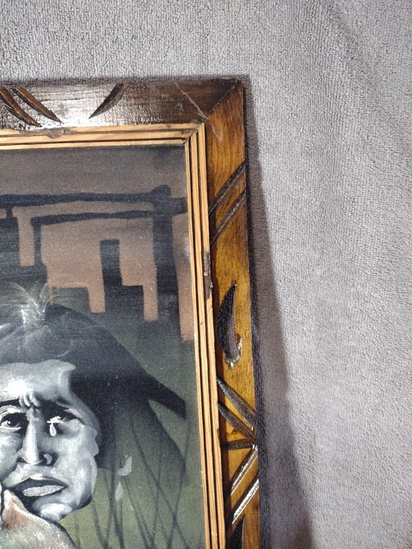Vintage Native American Indian Velvet Painting Wolf Retro Signed Framed Rustic gallery