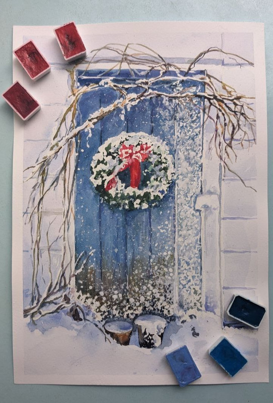 Winter Watercolor Painting Snowy Blue Door with Christmas Wreath A4 Original Art gallery