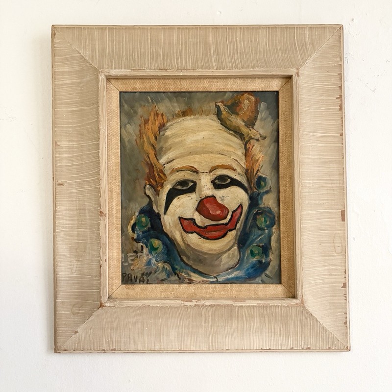 Signed Philip Paval Colorful Clown Oil Painting Mid-Century 1951 Art