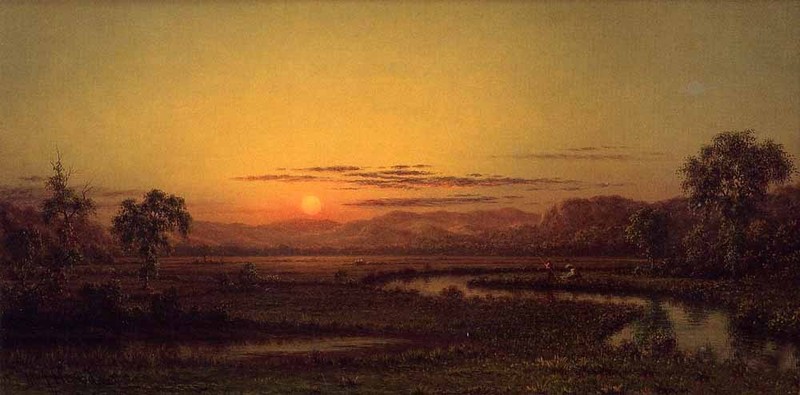 Ｏｉｌ Martin Johnson Heade – landscape with Two Fishermen in the Marsh, at Sunset
