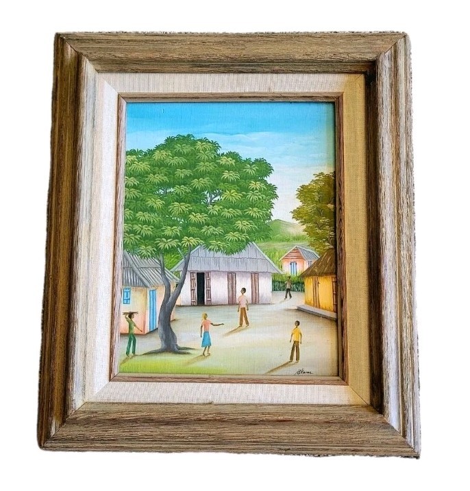 Vintage Haitian Village Scene Oil Painting Blanc Signed By Artist Folk Art