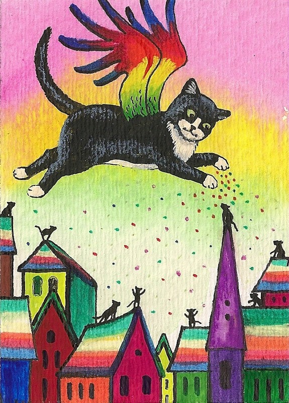 ACEO PRINT OF PAINTING RYTA TUXEDO CAT ANGEL RAINBOW BRIDGE Heaven Folk Art 🌺