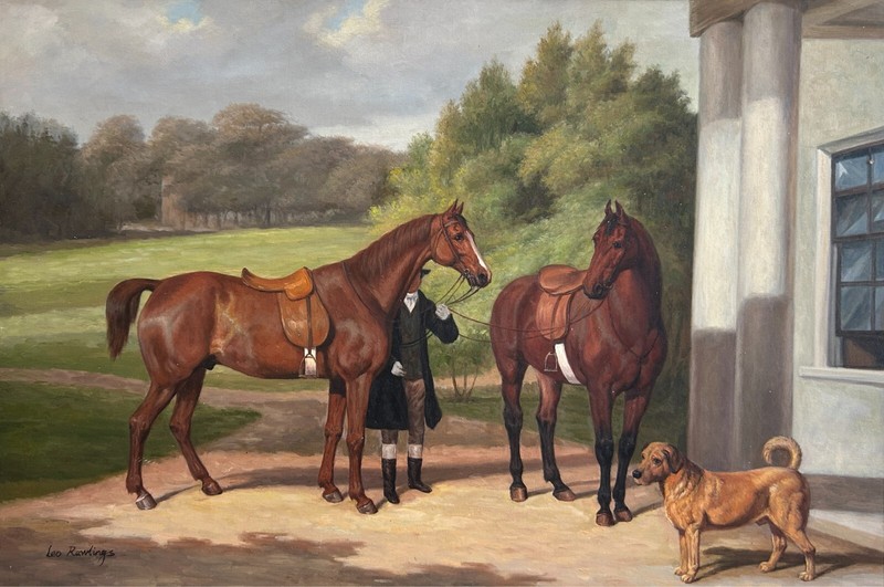 Two Horses and Dog In Country Home Original 36 x 24 Oil Painting on Canvas gallery