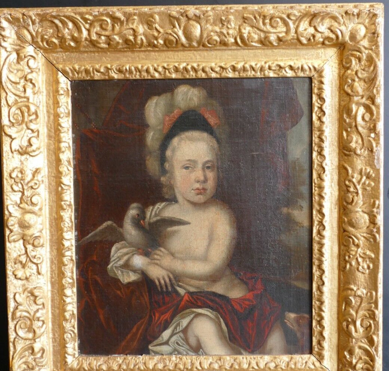 Museum Acquired Antique 17th Century Portrait of a Boy with his Bird and Dog