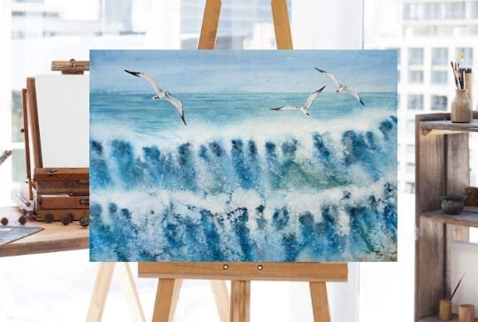 BIRD SEAGALLS SEA WAVES Original Artwork Painting Landscape SKY Seascape Gift A4 gallery