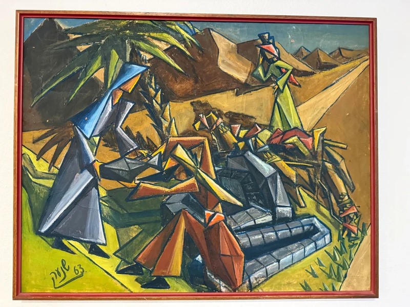 1963 Original Cubist-Style Painting Signed “Pojé” – Mid-Century European Framed