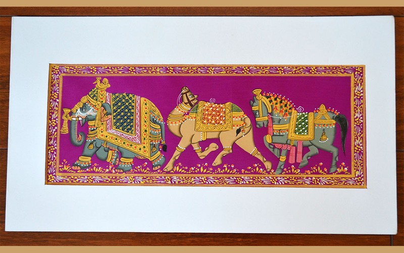 Original Miniature Natural Color Painting of Decorated Elephant, Camel, Horse